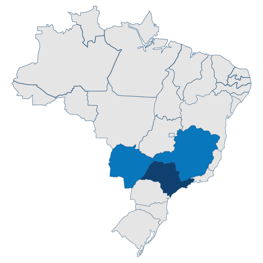 Mapa com destaque para a área de atuação da Cida Panaia Representações na construção civil.