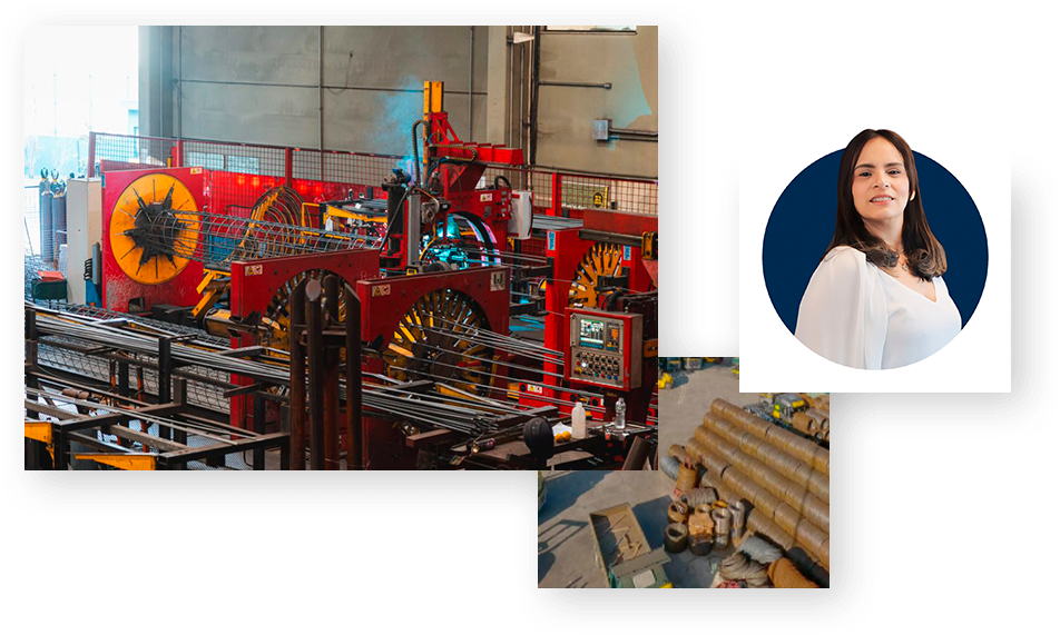 Colagem com fábrica de corte e dobra, pátio de materiais e Cida Panaia, representação comercial em soluções de aço.